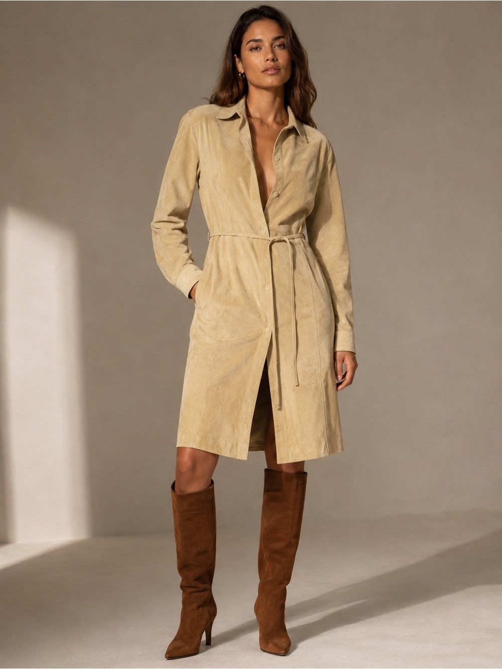 Trio Vintage Beige Suede Button-Front Belted Shirt Dress